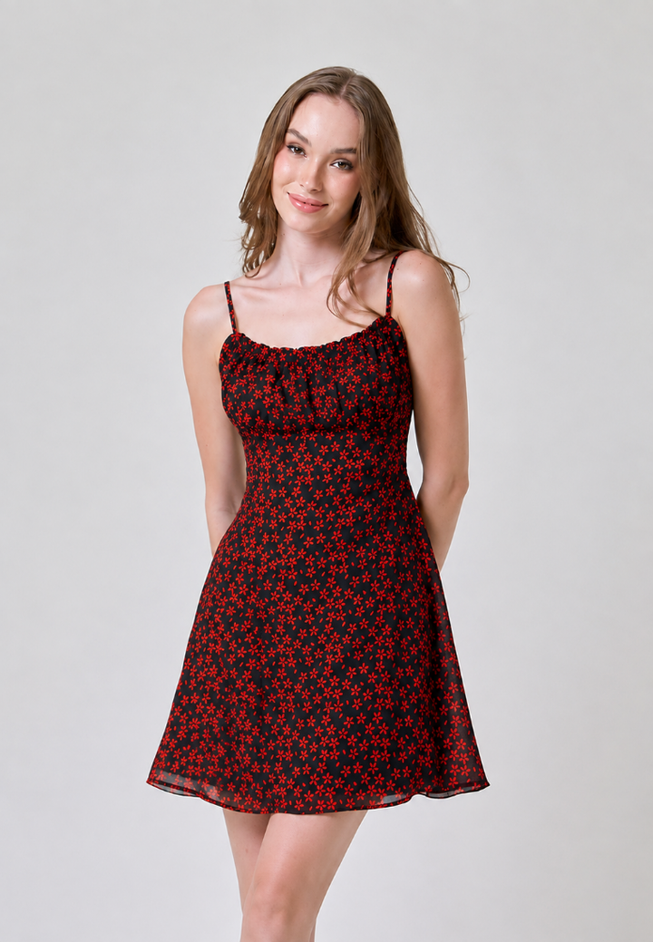 Vienna Red And White Floral Print Ruch Bust Mini Dress