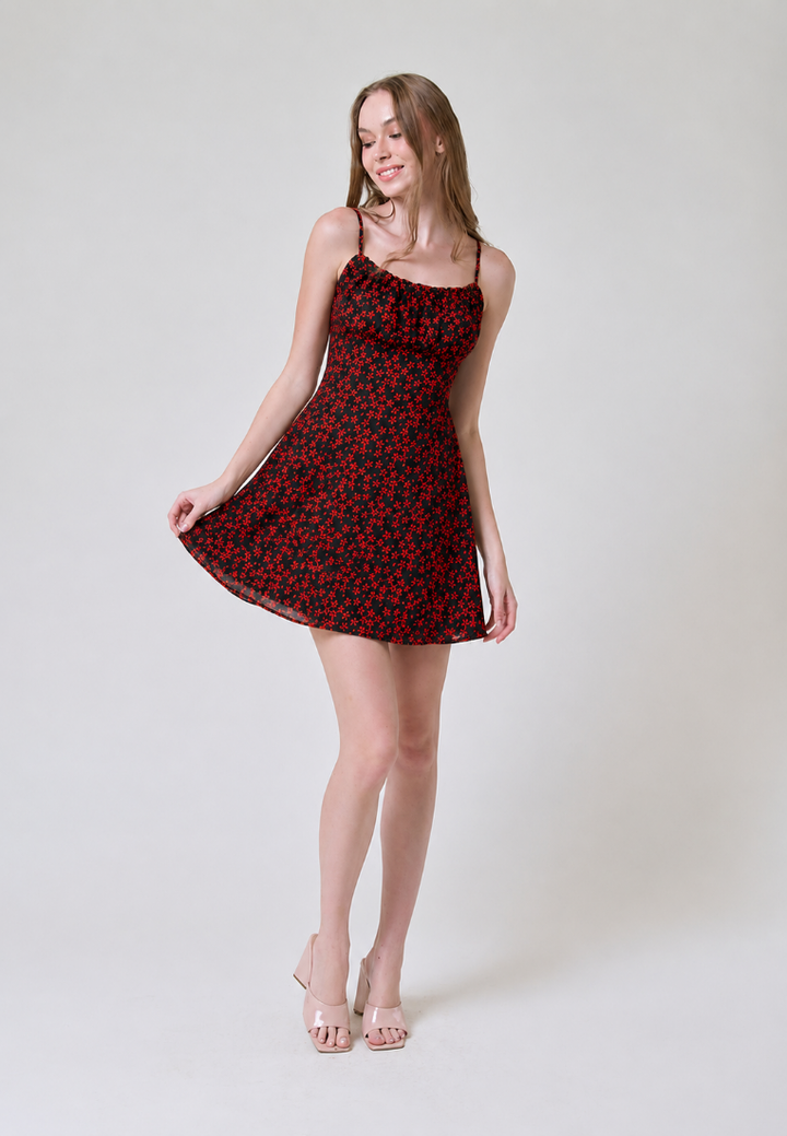 Vienna Red And White Floral Print Ruch Bust Mini Dress
