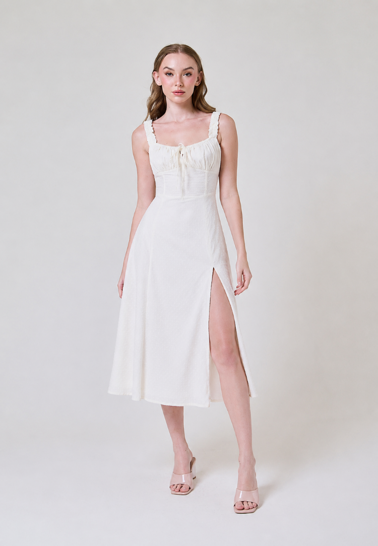 Franziska White Floral Eyelet Square Neck Tie Bust Front Slit Midi Dress