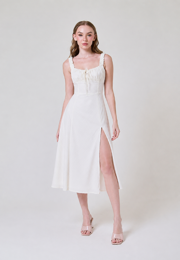 Franziska White Floral Eyelet Square Neck Tie Bust Front Slit Midi Dress