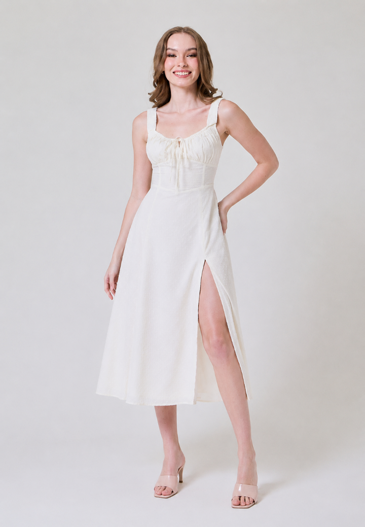 Franziska White Floral Eyelet Square Neck Tie Bust Front Slit Midi Dress