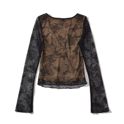 Chevalier Black Mesh Lace Deep V Neck Long Sleeves Top