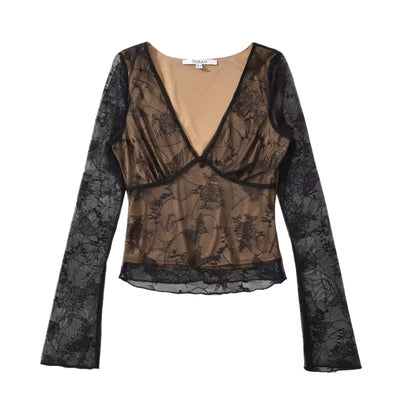 Chevalier Black Mesh Lace Deep V Neck Long Sleeves Top