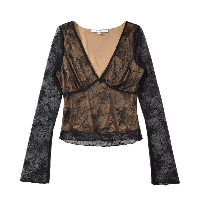 Chevalier Black Mesh Lace Deep V Neck Long Sleeves Top