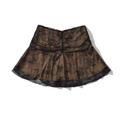 Chevall Black High Waist Mesh Ruched Lace Mini Skirt