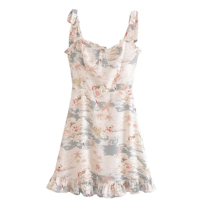 Dalya Muticolor Floral Print Sleeveless Self Tie Strap Ruffled Hem Mini Dress