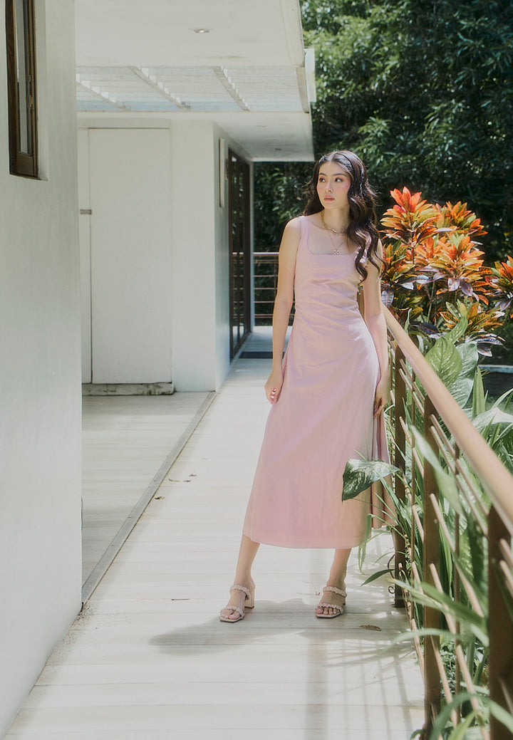 Carolina Old Rose Square Collar A-Line Midi Dress