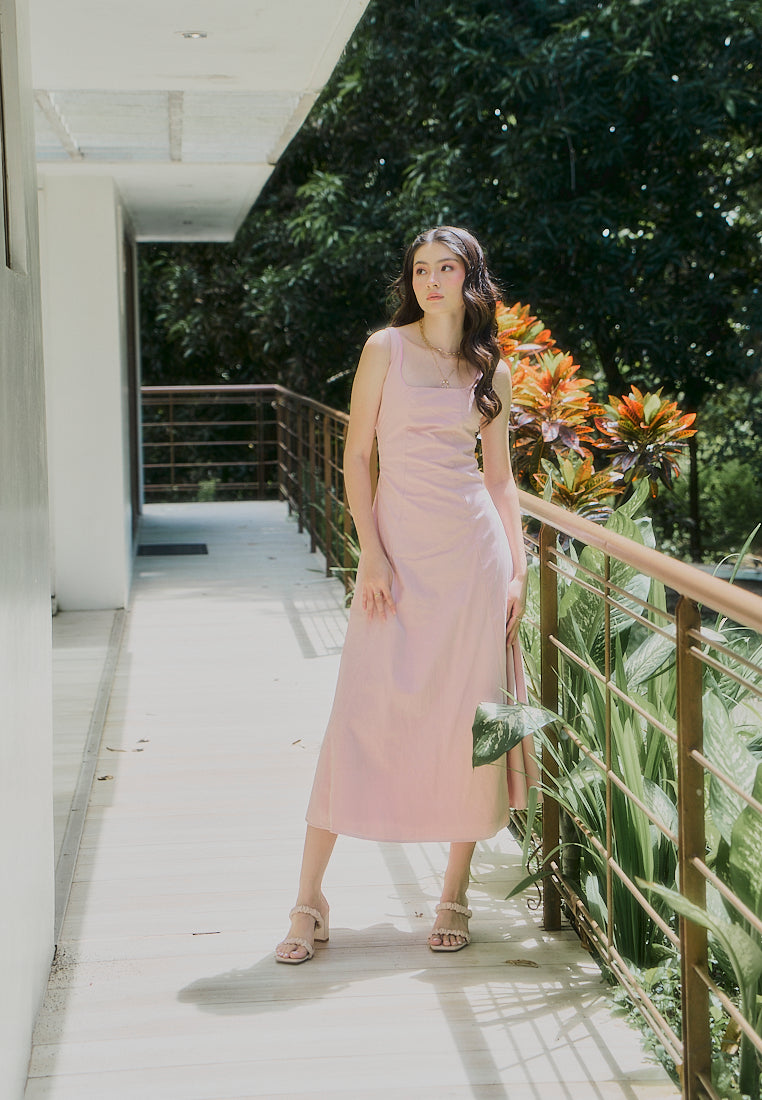 Carolina Old Rose Square Collar A-Line Midi Dress