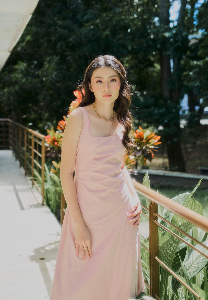 Carolina Old Rose Square Collar A-Line Midi Dress