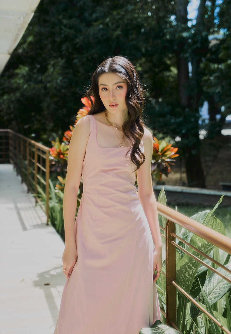 Carolina Old Rose Square Collar A-Line Midi Dress