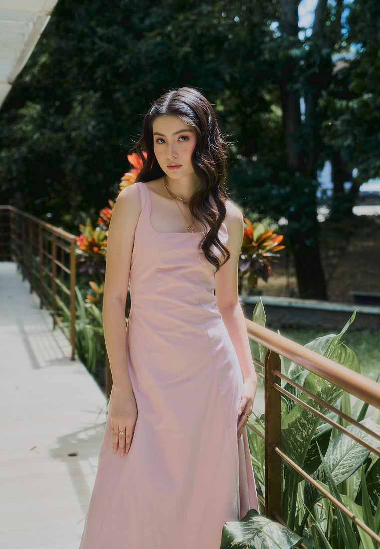 Carolina Old Rose Square Collar A-Line Midi Dress