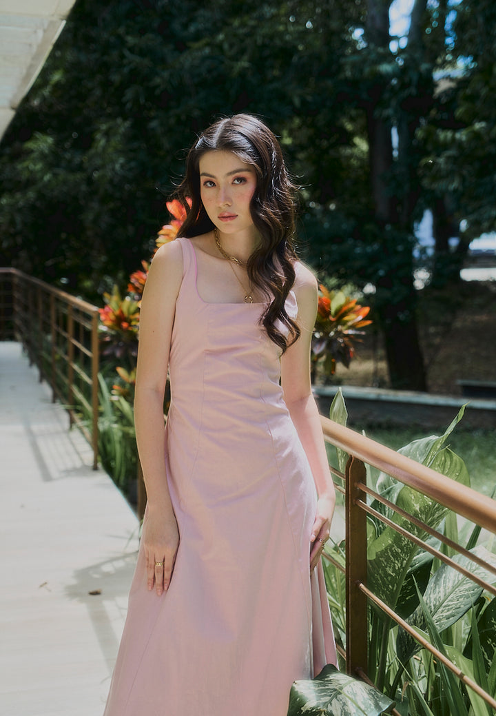 Carolina Old Rose Square Collar A-Line Midi Dress