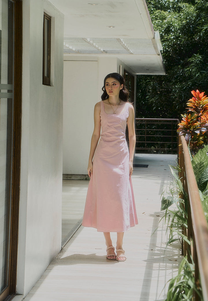 Carolina Old Rose Square Collar A-Line Midi Dress