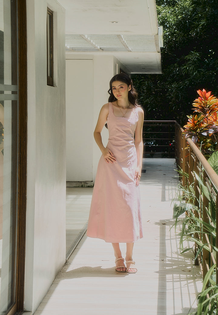 Carolina Old Rose Square Collar A-Line Midi Dress