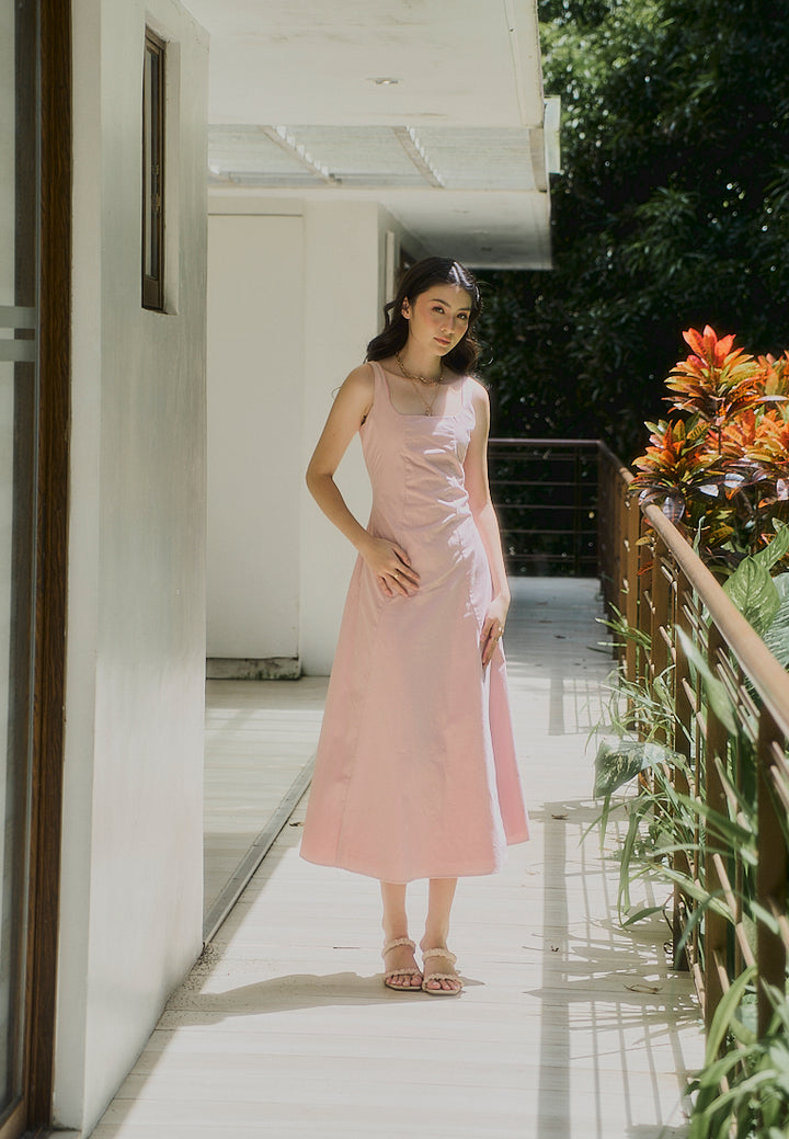 Carolina Old Rose Square Collar A-Line Midi Dress