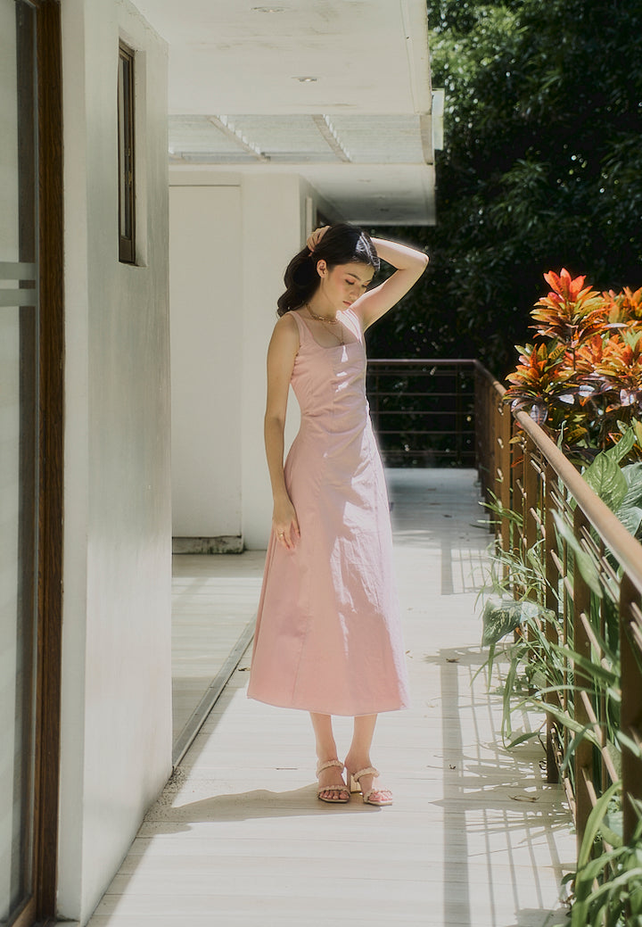 Carolina Old Rose Square Collar A-Line Midi Dress