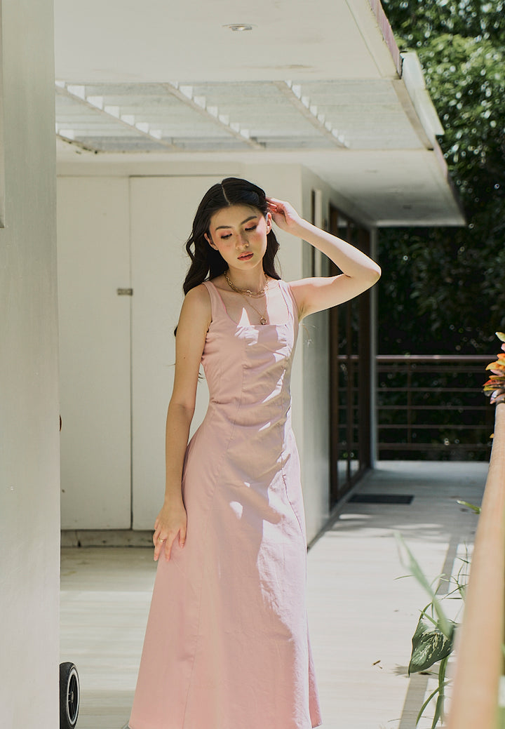 Carolina Old Rose Square Collar A-Line Midi Dress
