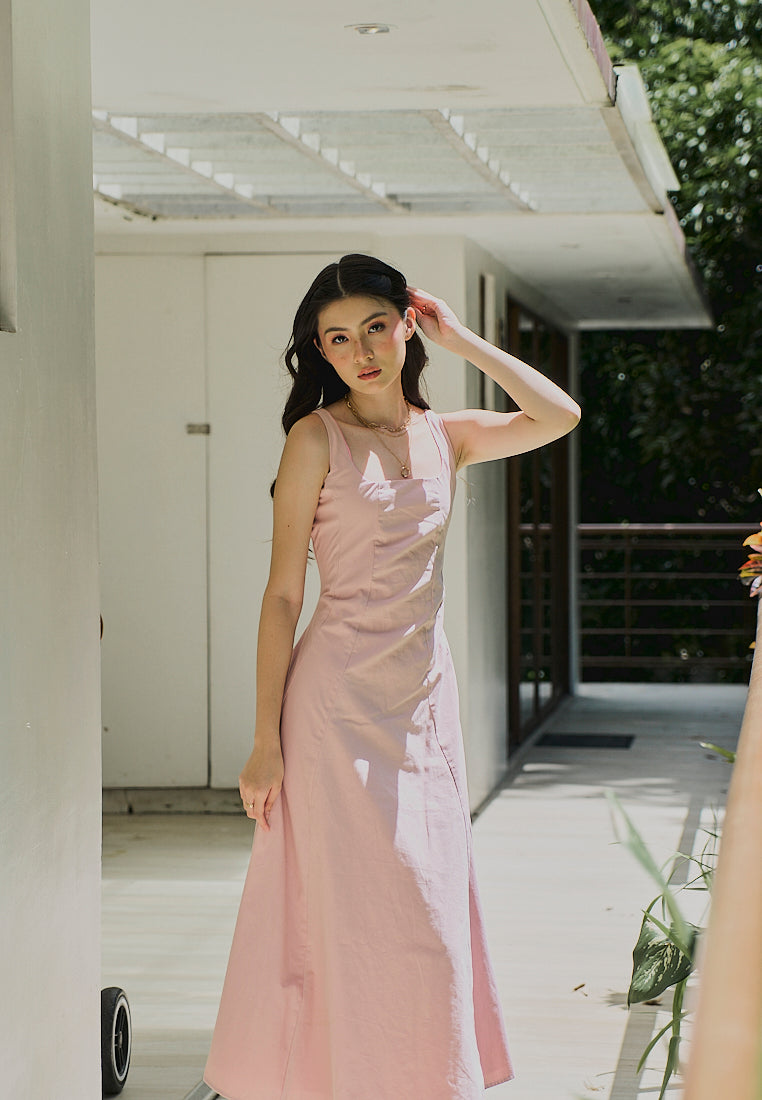 Carolina Old Rose Square Collar A-Line Midi Dress
