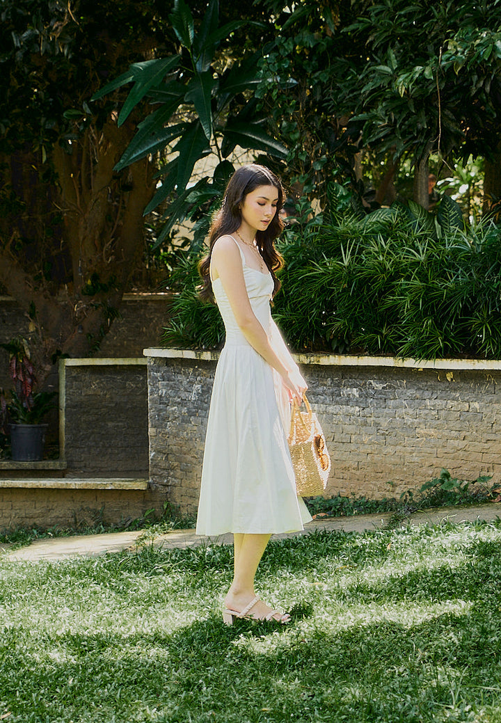 Leonie White Square Collar Pleated Midi Dress