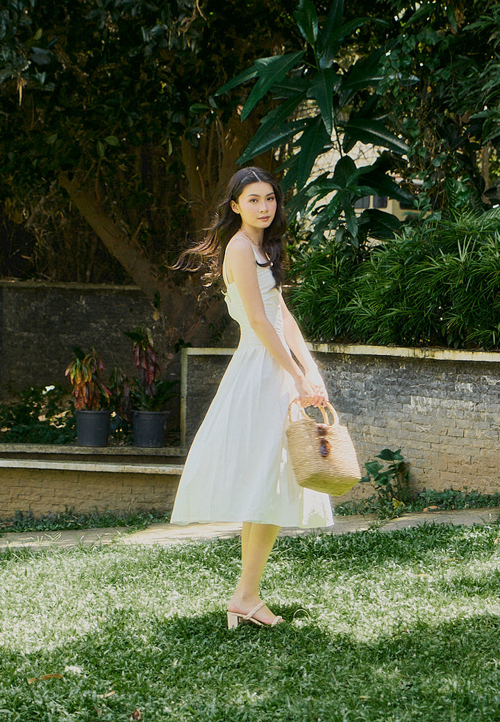 Leonie White Square Collar Pleated Midi Dress