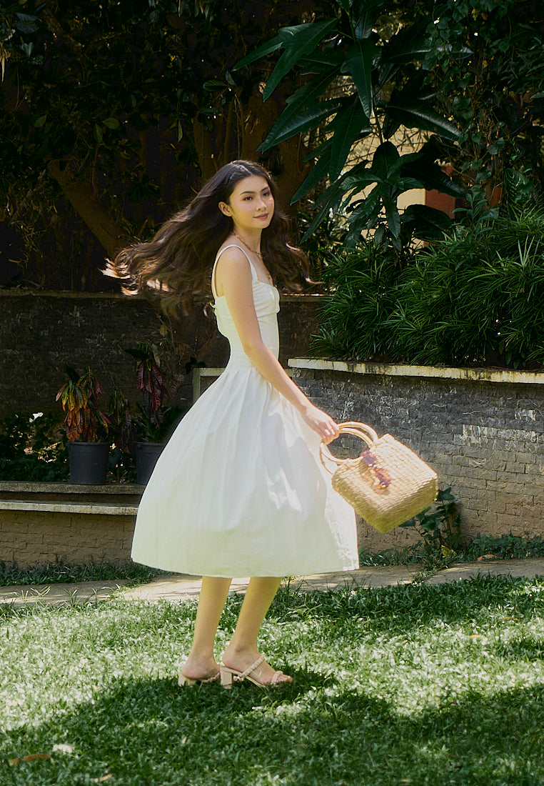 Leonie White Square Collar Pleated Midi Dress