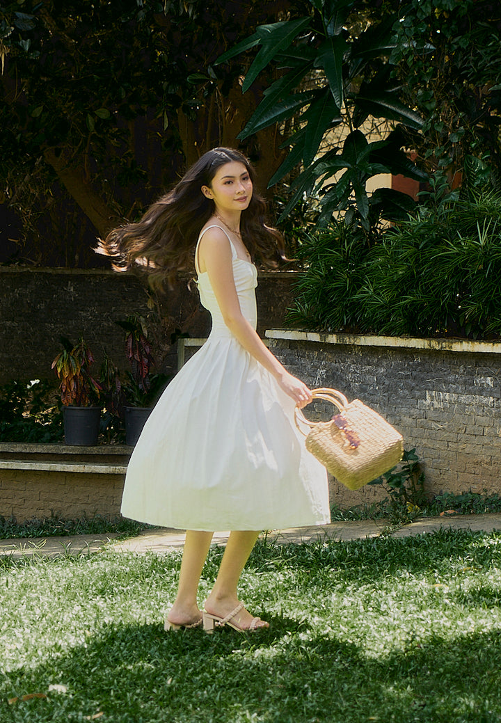 Leonie White Square Collar Pleated Midi Dress