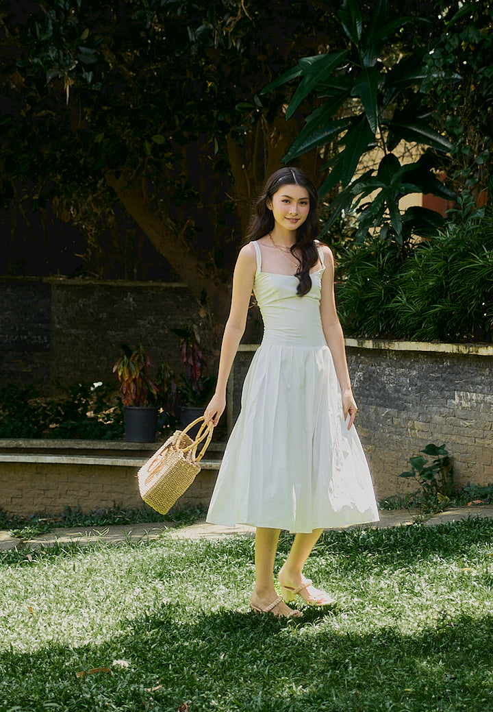 Leonie White Square Collar Pleated Midi Dress