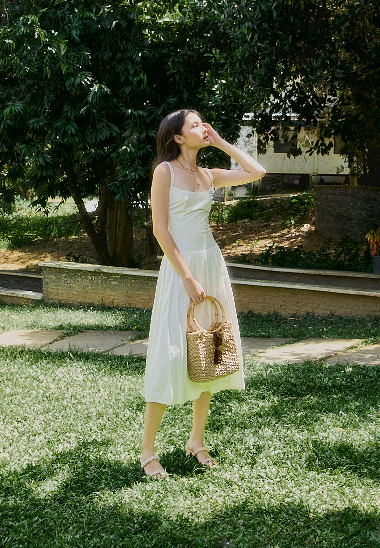 Leonie White Square Collar Pleated Midi Dress