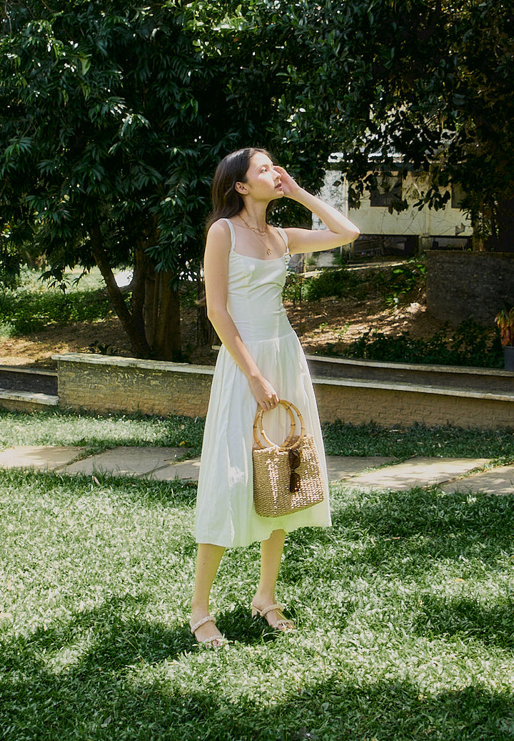 Leonie White Square Collar Pleated Midi Dress