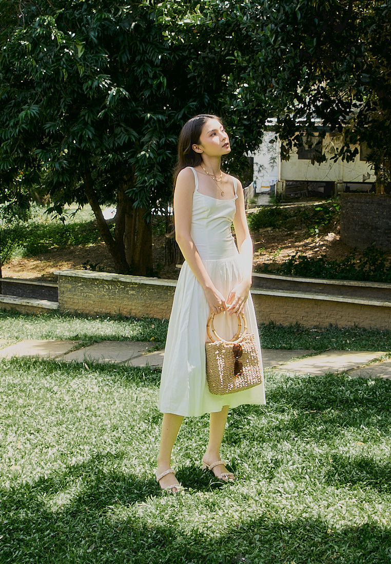 Leonie White Square Collar Pleated Midi Dress