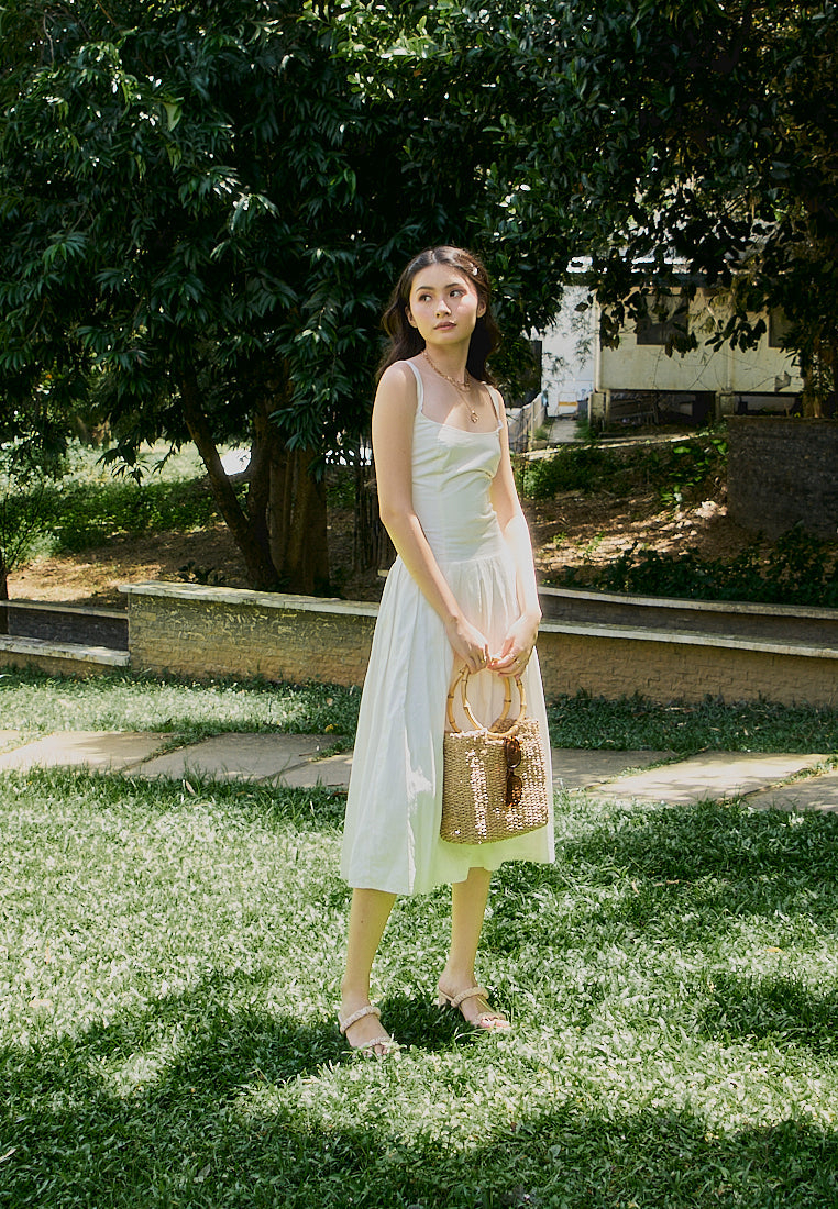 Leonie White Square Collar Pleated Midi Dress