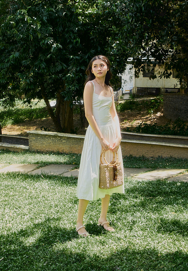 Leonie White Square Collar Pleated Midi Dress