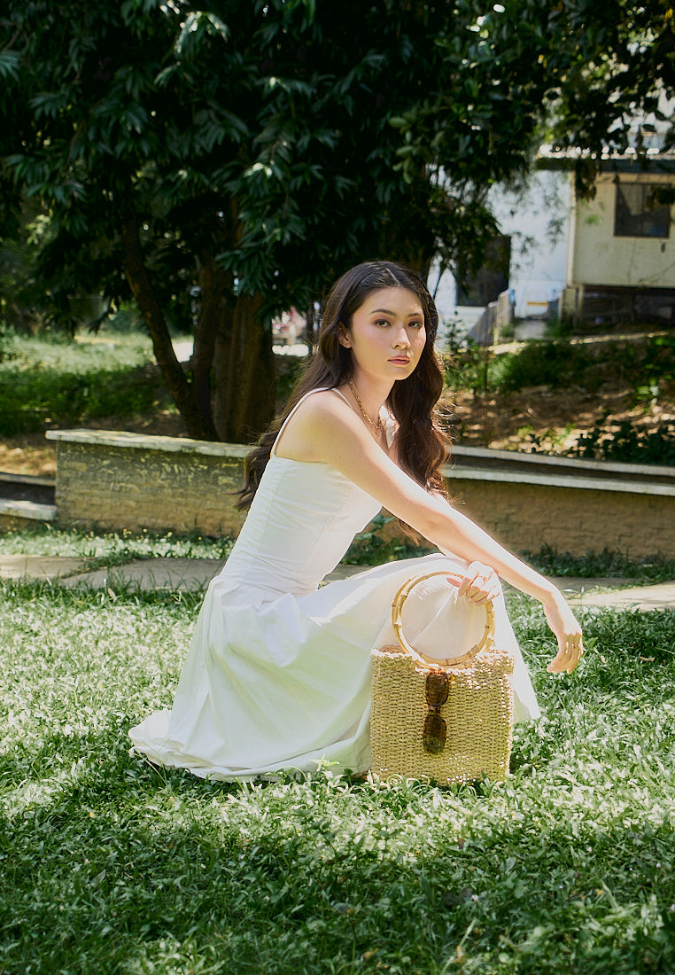 Leonie White Square Collar Pleated Midi Dress