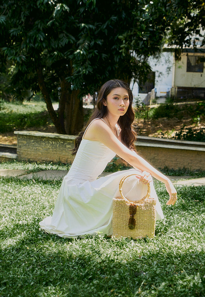 Leonie White Square Collar Pleated Midi Dress