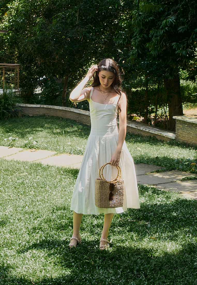 Leonie White Square Collar Pleated Midi Dress