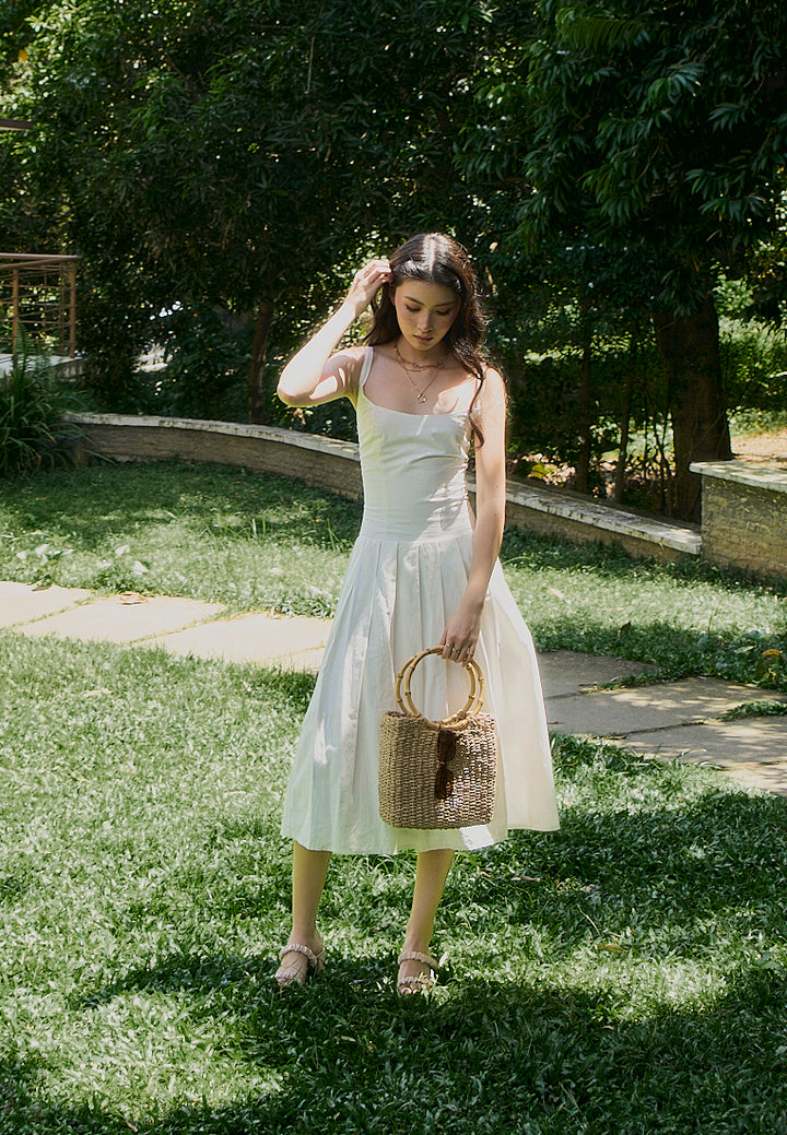 Leonie White Square Collar Pleated Midi Dress
