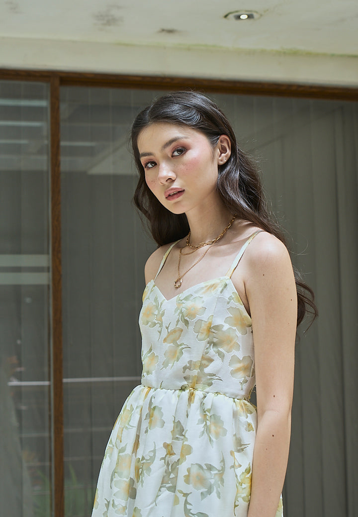 Ludmila Pastel Yellow Floral Lace V-neck Midi Dress