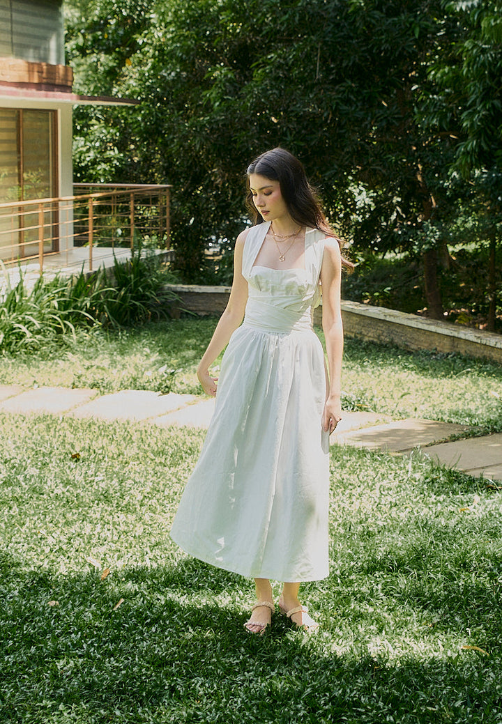 Mathilda White Square Collar Wrap Around Tie Midi Dress
