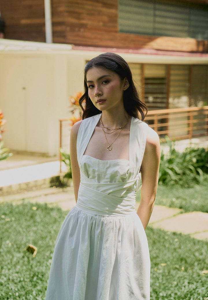 Mathilda White Square Collar Wrap Around Tie Midi Dress