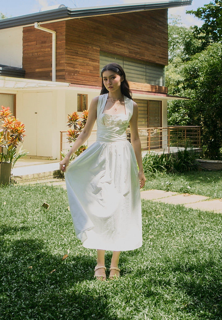 Mathilda White Square Collar Wrap Around Tie Midi Dress
