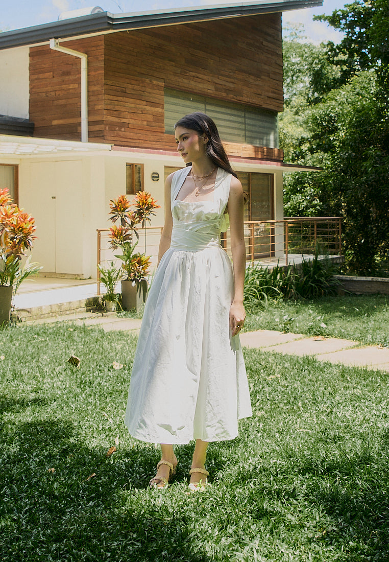 Mathilda White Square Collar Wrap Around Tie Midi Dress