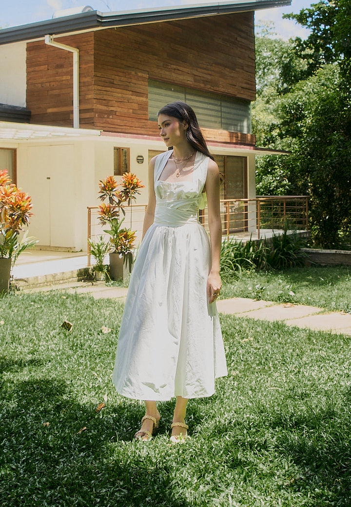 Mathilda White Square Collar Wrap Around Tie Midi Dress