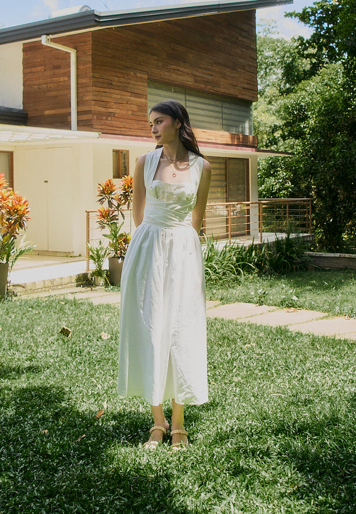 Mathilda White Square Collar Wrap Around Tie Midi Dress
