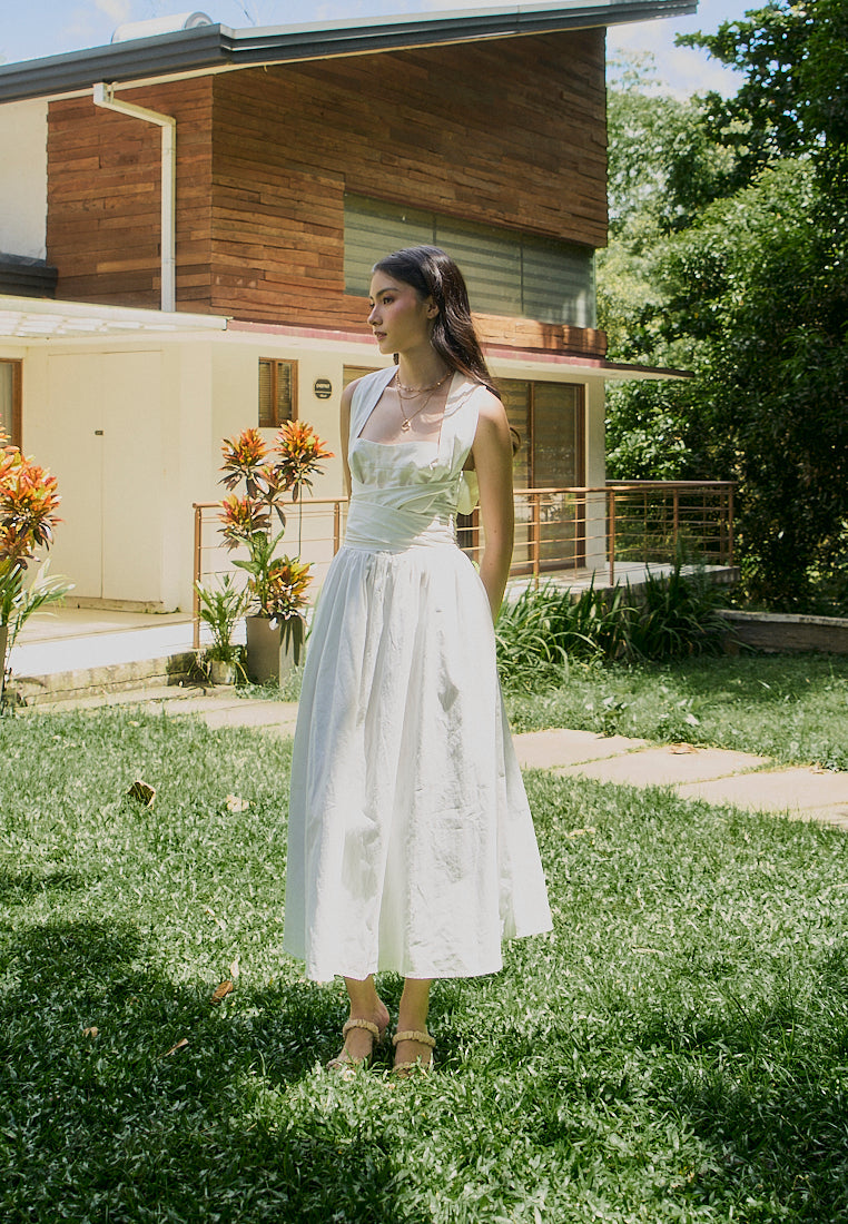 Mathilda White Square Collar Wrap Around Tie Midi Dress