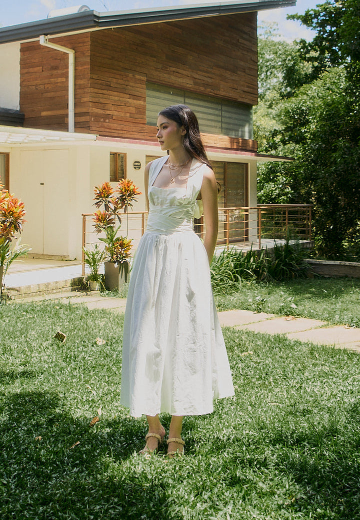 Mathilda White Square Collar Wrap Around Tie Midi Dress