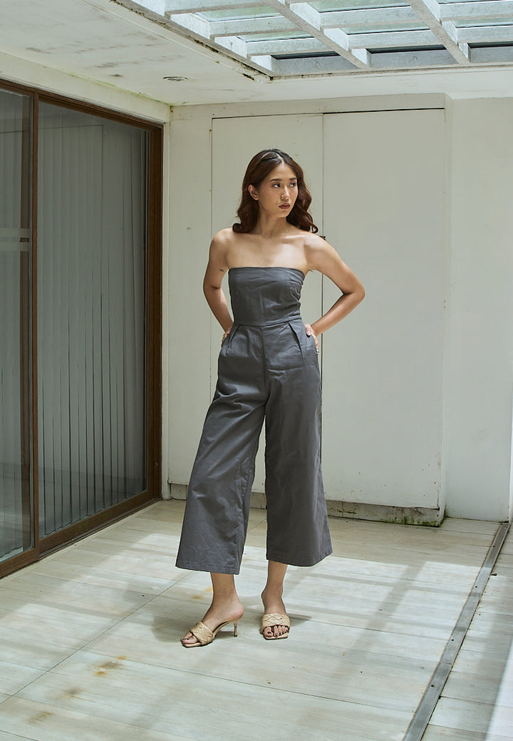Paloma Black Charcoal Smocked Back Square Cut Tube Jumpsuit