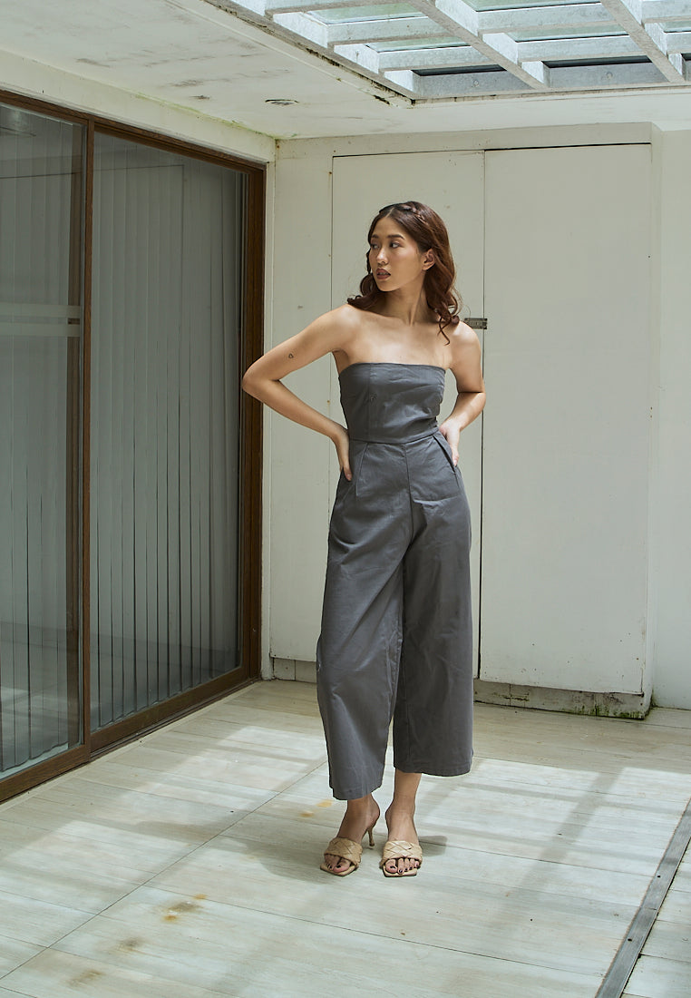Paloma Black Charcoal Smocked Back Square Cut Tube Jumpsuit