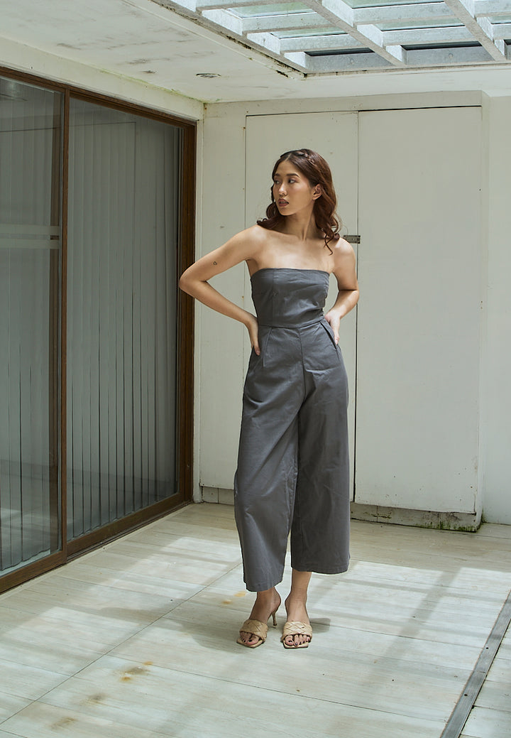 Paloma Black Charcoal Smocked Back Square Cut Tube Jumpsuit