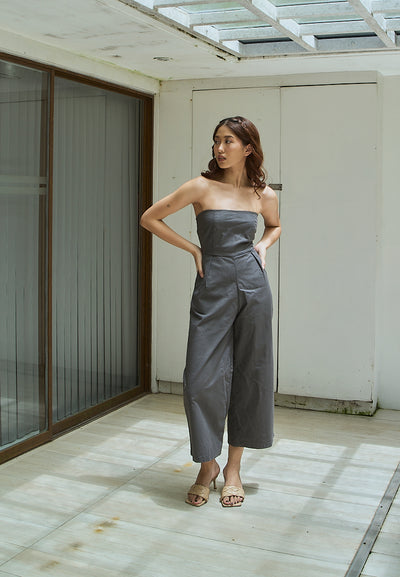 Paloma Black Charcoal Smocked Back Square Cut Tube Jumpsuit