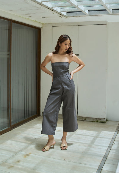 Paloma Black Charcoal Smocked Back Square Cut Tube Jumpsuit